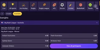 Place outright bets on Big Bash League at SpinBet – top cricket teams and tournament odds SpinBet cricket betting screen showing Big Bash League outrights for Australia with odds for Hobart Hurricanes, Perth Scorchers, and more